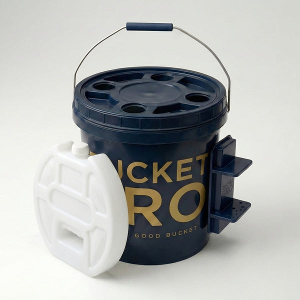 Bucket Bro 30L fishing bucket bundle with rod holders, tool holder and freezer ice bottle