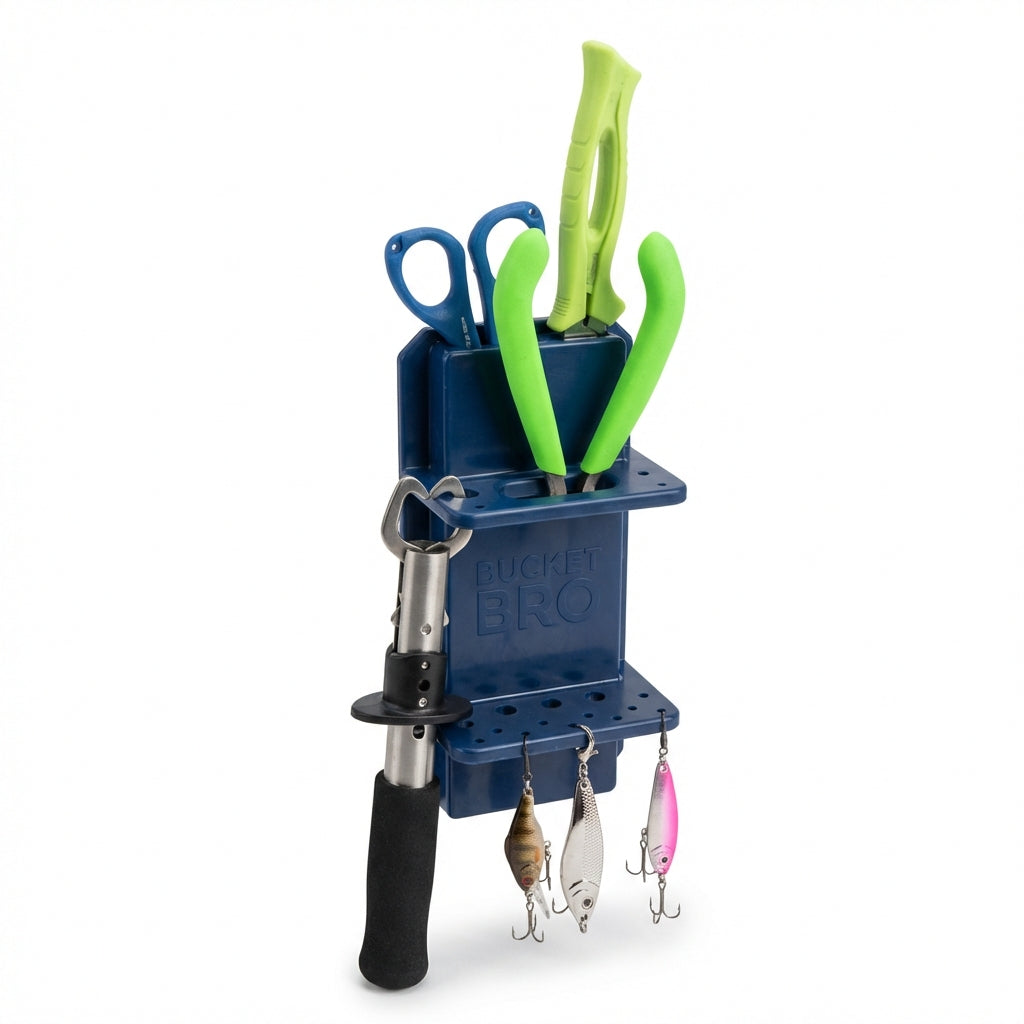 Bucket Bro utility holder in real fishing use with knife, pliers and tackle