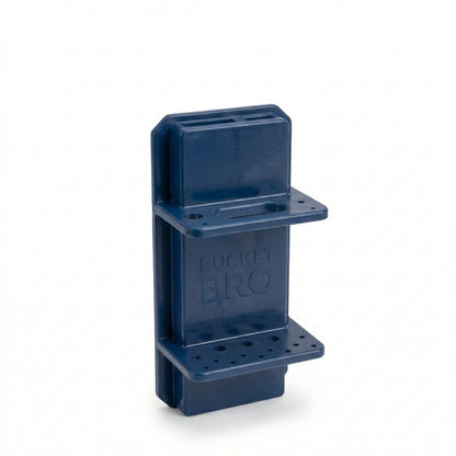 Bucket Bro utility tool holder mounted on side of fishing bucket holding pliers and lures